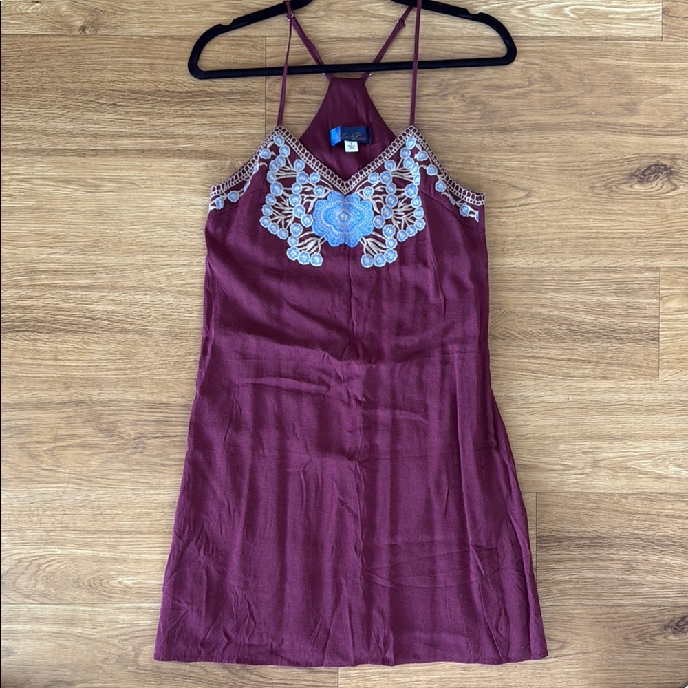 Blue Rain Burgundy Mini Dress with Embroidery